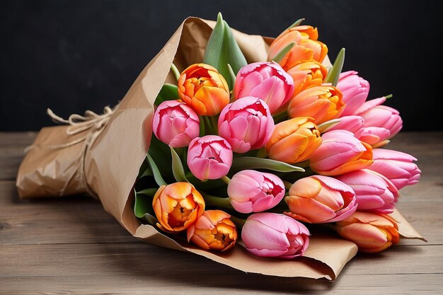Un bouquet de tulipes roses et orange enveloppées dans du papier