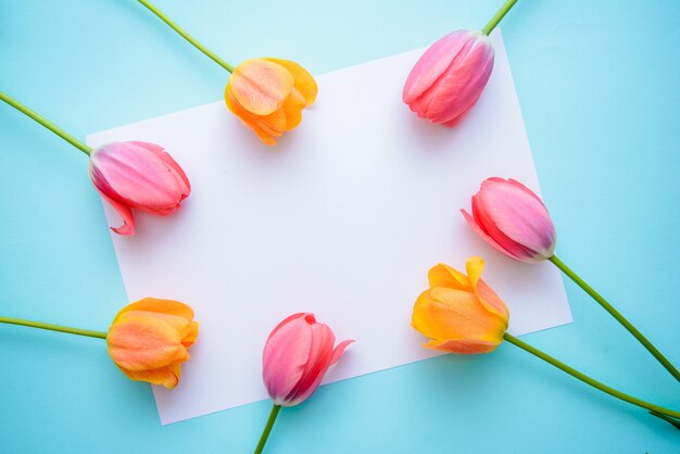 Bouquet de tulipes roses et orange et un morceau de papier sur fond bleu