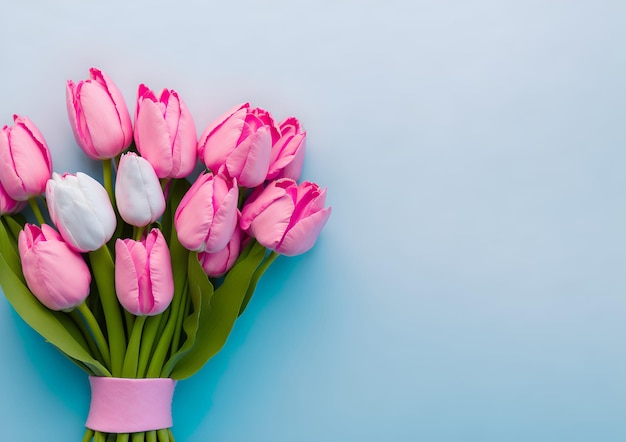 Un bouquet de tulipes roses avec un ruban rose sur fond bleu.