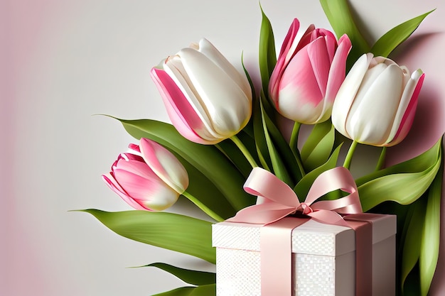 Bouquet de tulipes roses avec vox cadeaux sur fond blanc fleurs pour la Saint Valentin comme présent Generative Ai