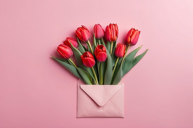 Bouquet de tulipes rouges dans une enveloppe sur un fond rose