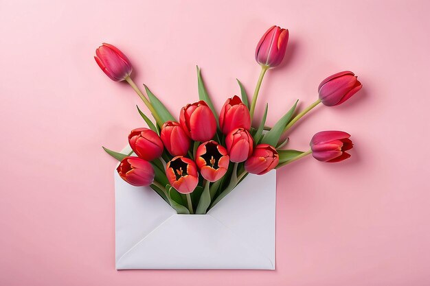 Bouquet de tulipes rouges dans une enveloppe sur un fond rose