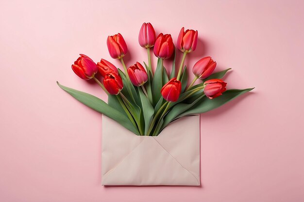 Bouquet de tulipes rouges dans une enveloppe sur un fond rose