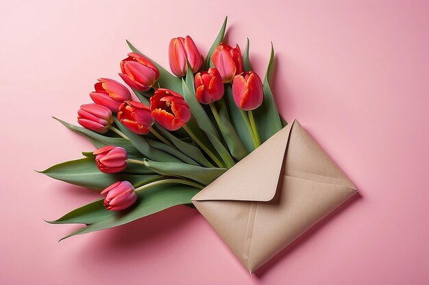 Bouquet de tulipes rouges dans une enveloppe sur un fond rose