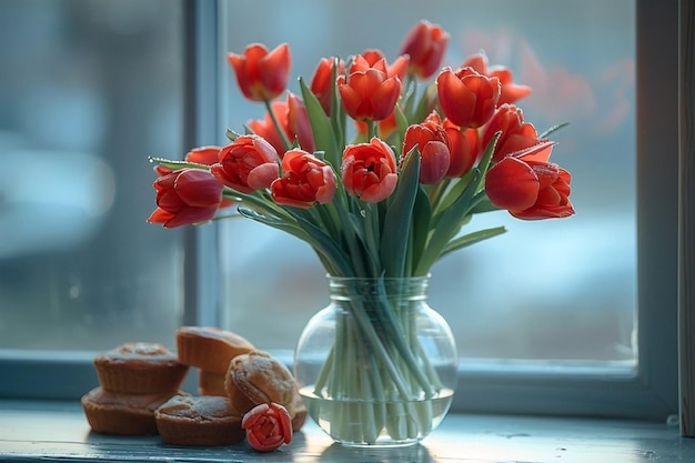 Un bouquet de tulipes rouges dans un vase sur la table Concept de printemps