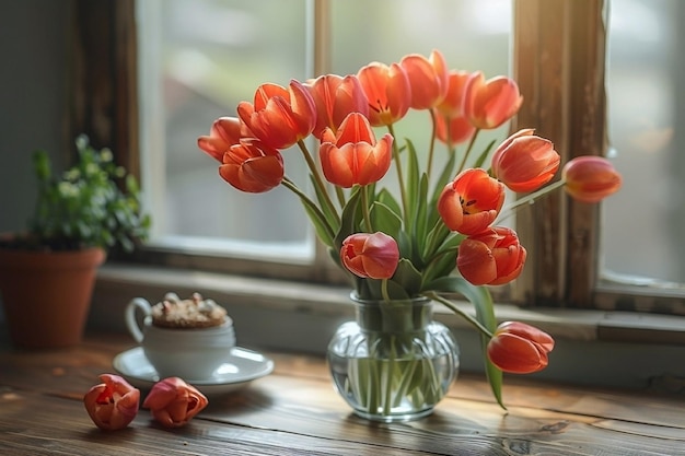 Un bouquet de tulipes rouges dans un vase sur la table Concept de printemps