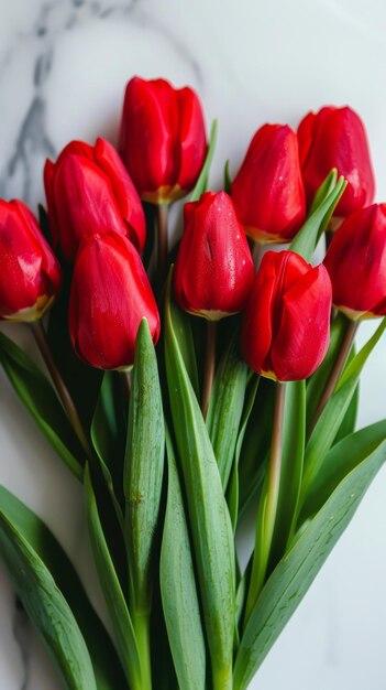 Un bouquet de tulipes rouges est disposé dans un vase