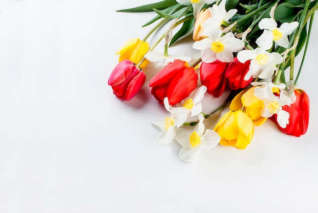 Bouquet de tulipes rouges, jonquilles et cadeau sur fond blanc