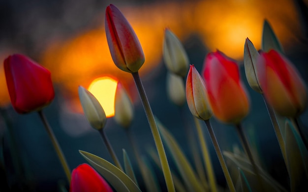 un bouquet de tulipes avec le soleil derrière elles