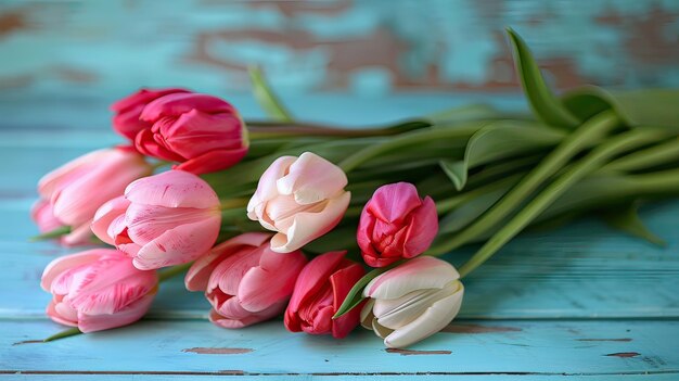 Un bouquet de tulipes sur une table en bois bleu