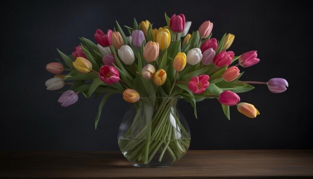 Un bouquet de tulipes vibrant apporte romance et beauté à la nature. Table générée par l'intelligence artificielle.