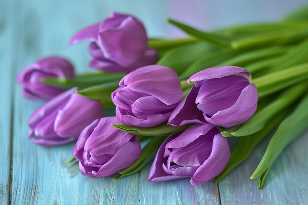 Un bouquet de tulipes violettes allongées sur un fond en bois blanc peint