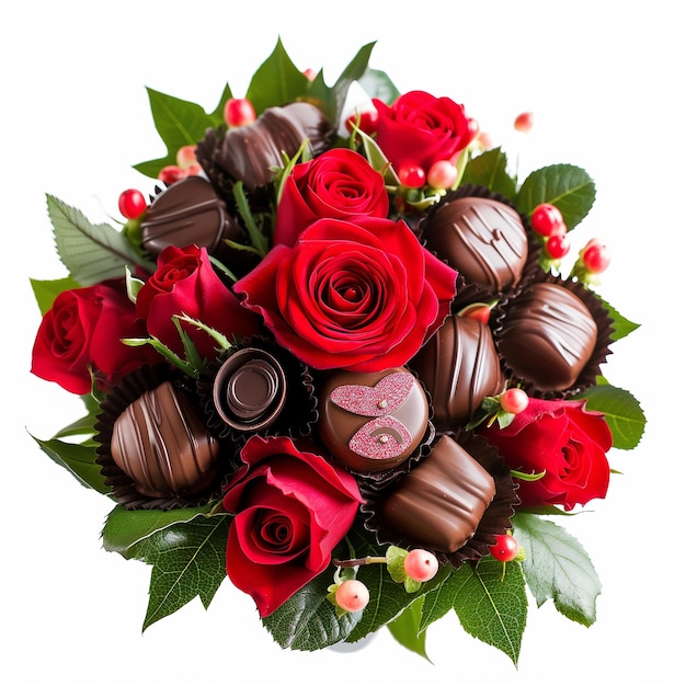 Bouquet de Valentin décoré de chocolats et de roses rouges