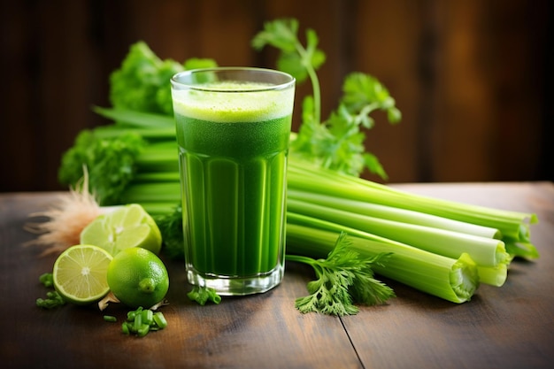 Un bouquet de verre de jus de légumes frais, d'oignon de printemps et de citron vert sur une table en bois.