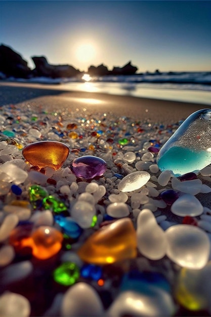 Bouquet de verre de mer assis au sommet d'une ai générative de plage de sable