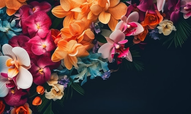 Bouquet vibrant de fleurs diverses sur fond sombre mettant en valeur la vitalité et la fraîcheur AI Generative