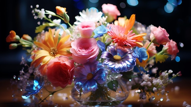 un bouquet vibrant de fleurs fraîches dans un cristal de verre rempli d'eau généré par l'IA Photo Pro