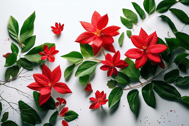 Bouquet vibrant de fleurs rouges avec des feuilles vertes luxuriantes Generative AI