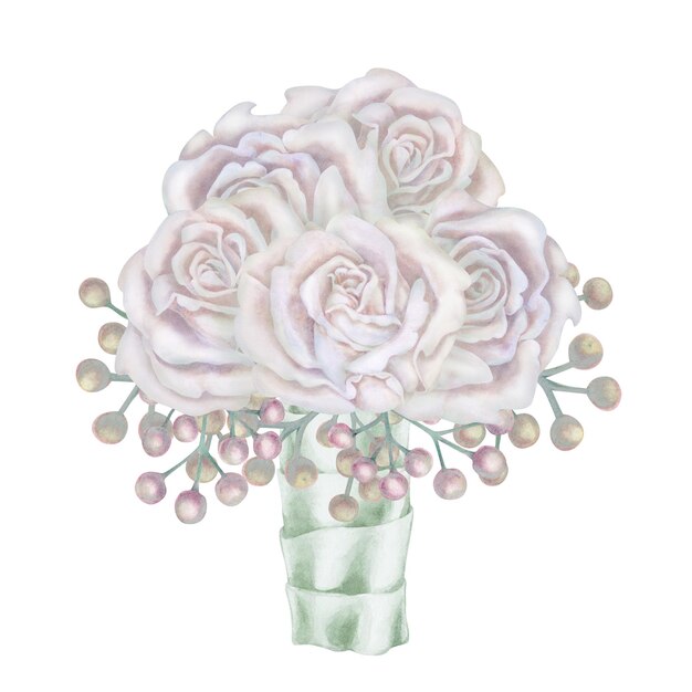 Bouquets d'aquarelle de roses blanches de feuilles vertes d'eucalyptus lilas dans une palette pastel dans le style vintage