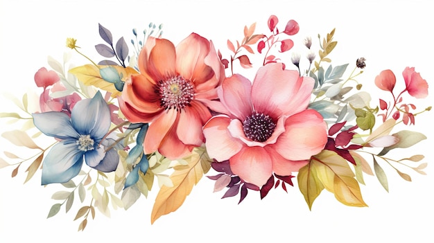 Bouquets de fleurs à l'aquarelle illustration clipart et branche florale de rose avec des feuilles vertes pour carte de vœux ou carte d'invitation de mariage sur fond blanc