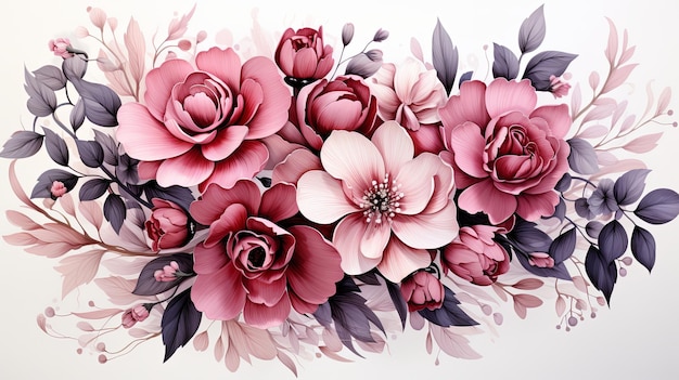 Bouquets de fleurs à l'aquarelle illustration clipart et branche florale de rose avec des feuilles vertes pour carte de vœux ou carte d'invitation de mariage sur fond blanc