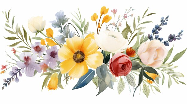 Bouquets de fleurs à l'aquarelle illustration clipart et branche florale de rose avec des feuilles vertes pour carte de vœux ou carte d'invitation de mariage sur fond blanc