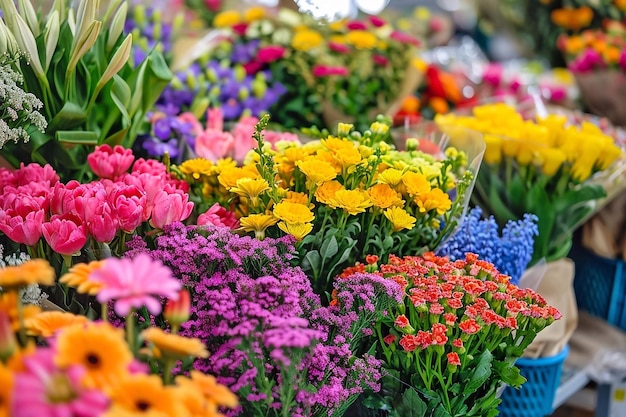 Des bouquets de fleurs colorés dans une boutique de fleurs