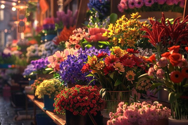 Photo bouquets de fleurs fraîches dans les étals du marché