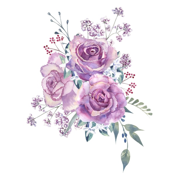 Bouquets de fleurs avec des roses violettes et des anémones sur un fond blanc isolé aquarelle dessinée à la main je