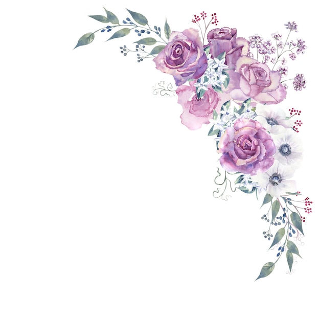 Bouquets de fleurs avec des roses violettes et des anémones sur fond blanc isolé Illustration aquarelle dessinée à la main