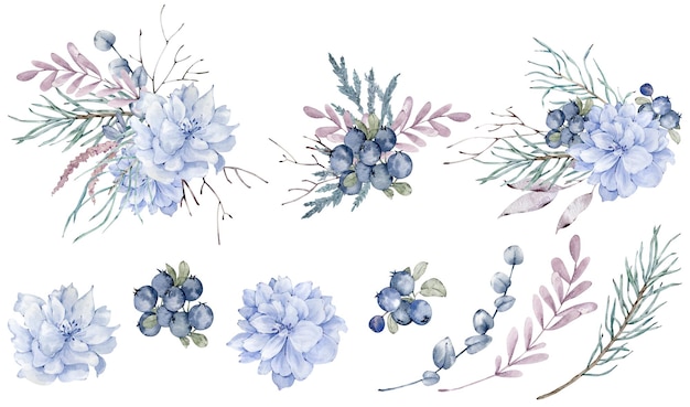 Bouquets d'hiver à l'aquarelle avec des fleurs bleues, des baies et des branches de pin. Clipart de décoration de Noël. Cartes du nouvel an.