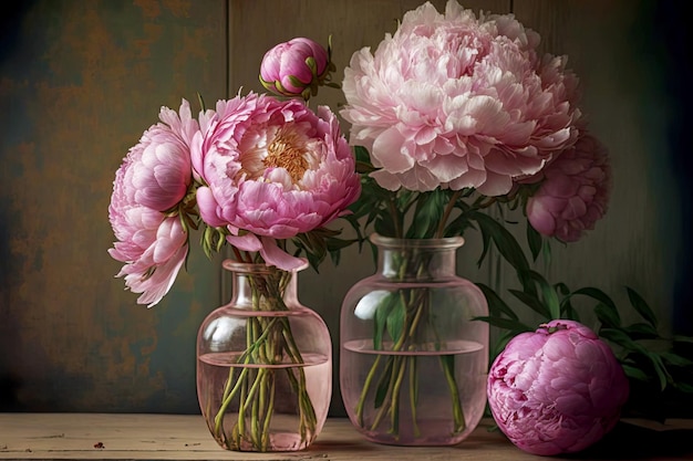Bouquets roses délicats de pivoines dans des vases sur table en bois