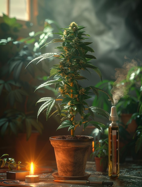 Photo un bourgeon de marijuana à l'intérieur dans un pot de fleurs et de l'huile sur une table en bois