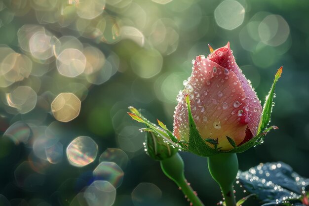 Un bourgeon de rose rosé embrassé par les premiers légers rayons de l'aube dévoilant la splendeur des sources