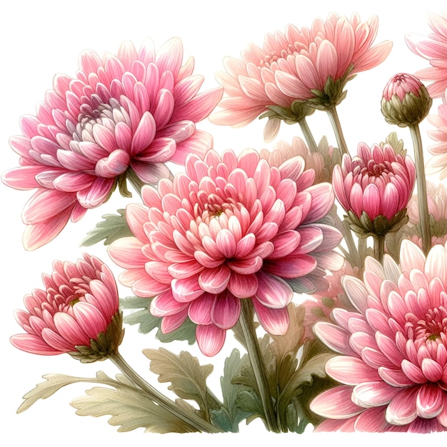 Photo les bourgeons et les feuilles de fleurs de chrysanthèmes roses aquarelle illustration fleurs clip art fleurs bouquet