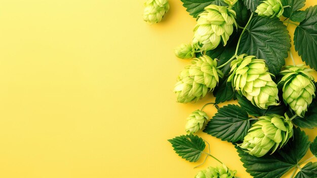 Des bourgeons de houblon verts frais disposés sur un fond jaune vif