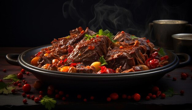 Photo bourguignon de bœuf cuit avec des légumes et des épices dans une casserole