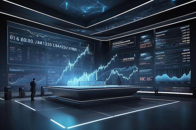 Bourse futuriste avec des informations générales affichées à l'écran Illustration 3D