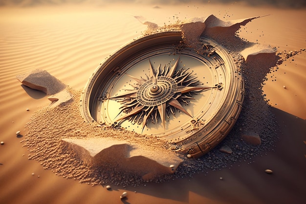 Une boussole dorée entourée de sable Concept design