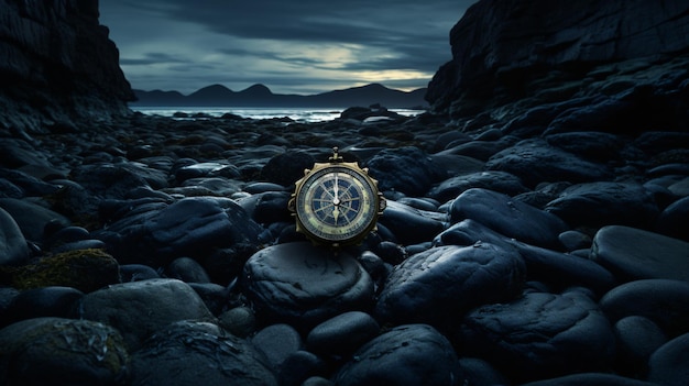 Boussole sur des rochers avec un ciel sombre