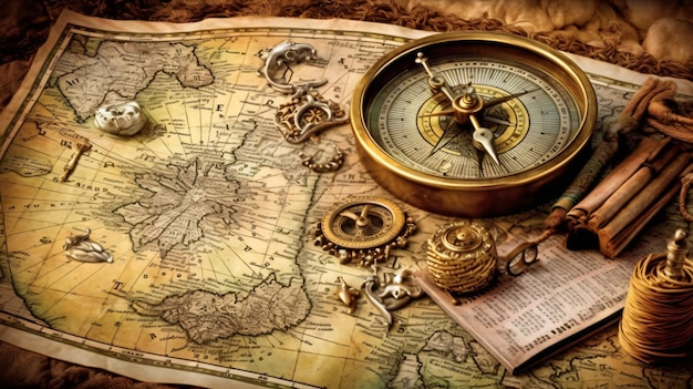 Une boussole se trouve sur une vieille carte avec une carte qui dit "le temps est sur le point d'être une boussole".