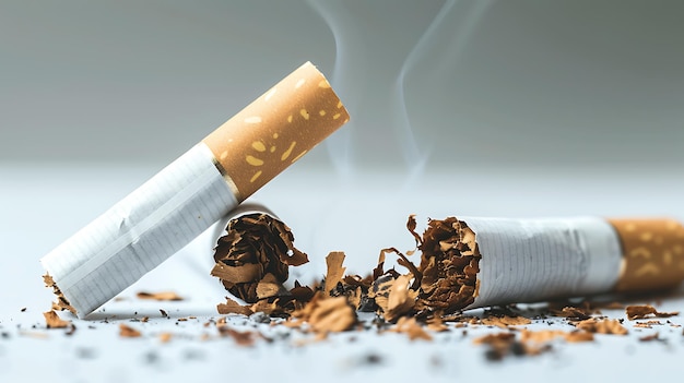 Un bout de cigarette avec des cendres et un cendrier sur fond gris