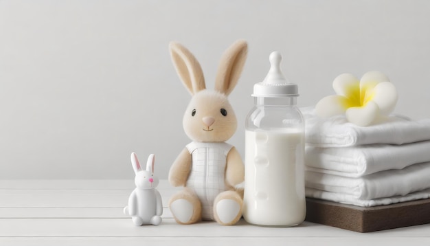 Photo bouteille d'alimentation avec couches de lait et lapin jouet sur fond blanc avec espace de copie