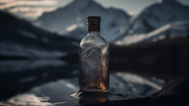 La bouteille d'alkohol se dresse sur une surface furtive dans laquelle les sommets enneigés de la montagne