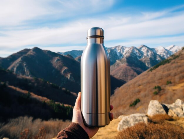 Bouteille d'aluminium contre un lac