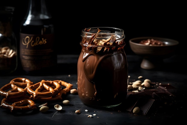 Une bouteille de beurre d'arachide au chocolat et de bretzels est posée sur une table à côté d'une bouteille de chocolat.