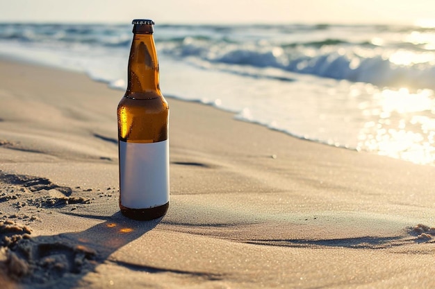 une bouteille de bière assise au sommet d'une plage de sable