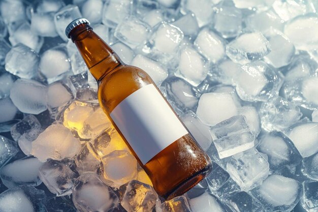 une bouteille de bière assise sur un lit de glace