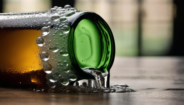 Une bouteille de bière avec un bouchon vert et de l'eau qui coule de là.