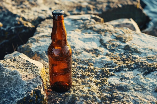 une bouteille de bière brune assise au sommet d'une roche